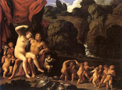 Carlo Saraceni Mars and Venus, with a Circle of Cupids and a Landscape